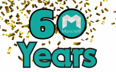 Moncrieff 60 years anniversary graphic featuring the Moncrieff logo integrated into the number 60 with gold confetti celebrating the milestone. Moncrieff 60 years anniversary graphic featuring the Moncrieff logo integrated into the number 60 with gold confetti celebrating the milestone.
