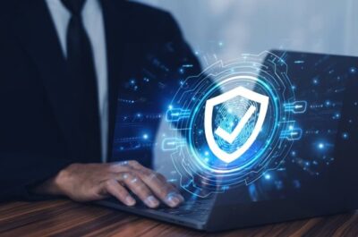 Managed IT service professional working on a laptop with a digital security shield interface, illustrating cyber security, data protection, threat prevention, and secure IT infrastructure. Managed IT service professional working on a laptop with a digital security shield interface, illustrating cyber security, data protection, threat prevention, and secure IT infrastructure.